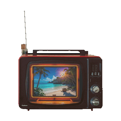 A vintage tv depicting a tropical paradise